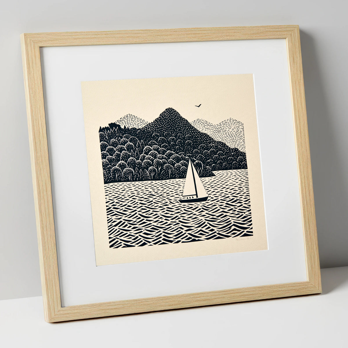 Monochrome Windermere Sailboat lake district lake art print in natural frame