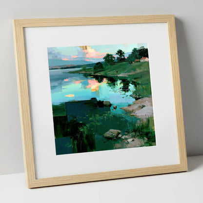 Turquoise Lake at Pink Sunrise lake district lake art print in natural frame