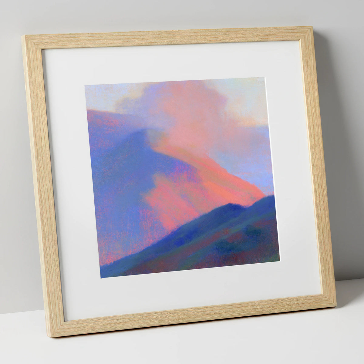 Pink Light on Rolling Fells lake district fell art print in natural frame