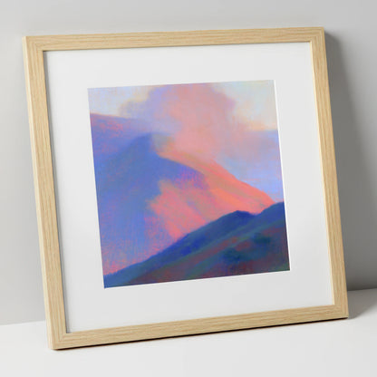 Pink Light on Rolling Fells lake district fell art print in natural frame