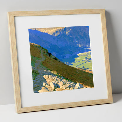 Stony Descent to Patterdale Valley lake district village art print in natural frame