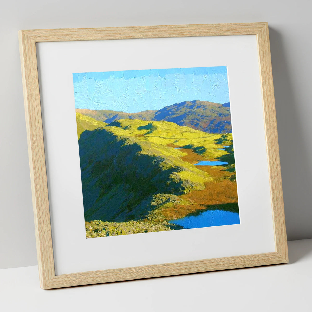 Vibrant Blea Rigg and Tarns lake district fell art print in natural frame