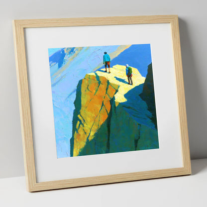 Mountaineers on Sunlit High Crags lake district walking art print in natural frame
