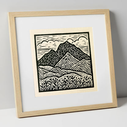 Scafell Pike in Monochrome lake district fell art print in natural frame