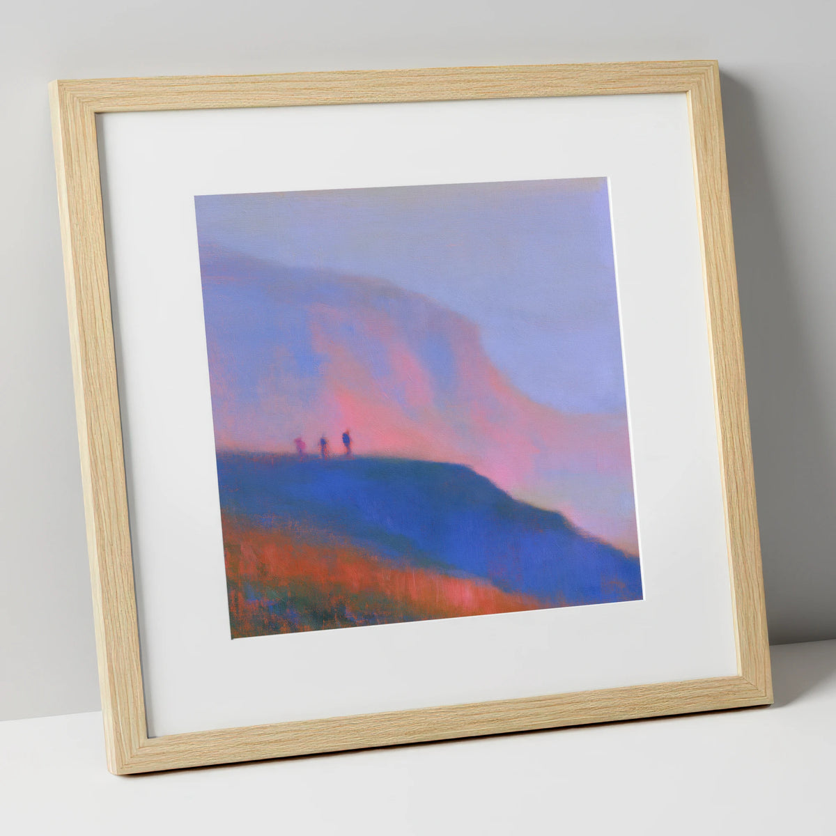 Fell Walkers in Pink Twilight lake district fell art print in natural frame