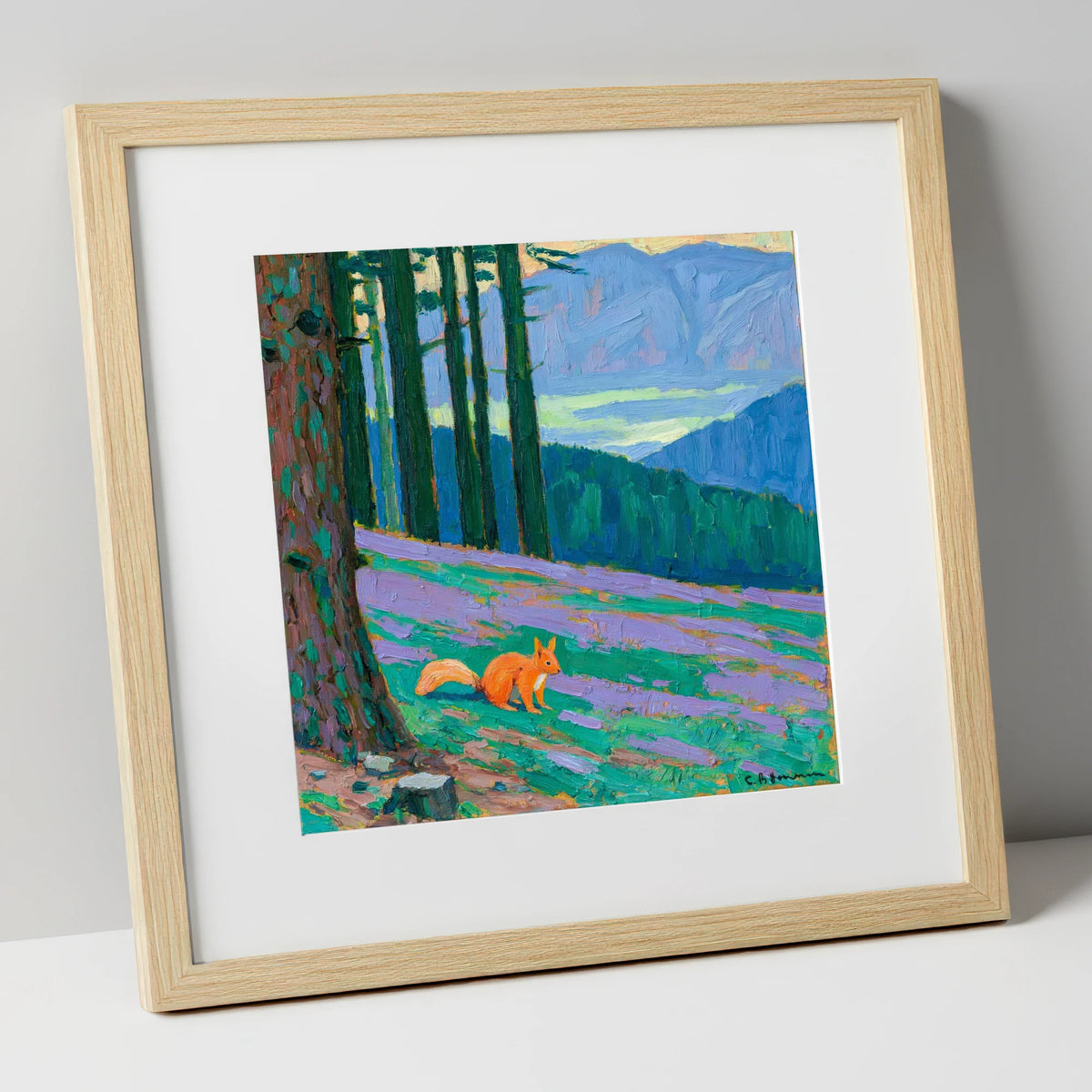 Red Squirrel Beneath Blue Fells lake district wildlife art print in natural frame