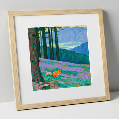 Red Squirrel Beneath Blue Fells lake district wildlife art print in natural frame