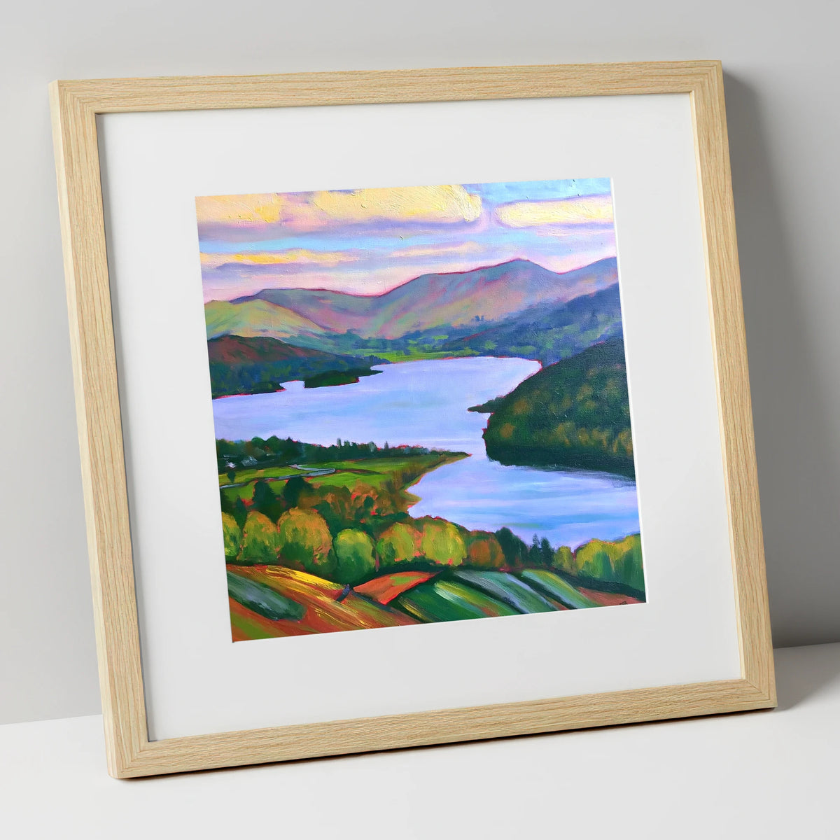 Vibrant Sunset Above Ambleside lake district village art print in natural frame