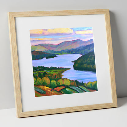 Vibrant Sunset Above Ambleside lake district village art print in natural frame