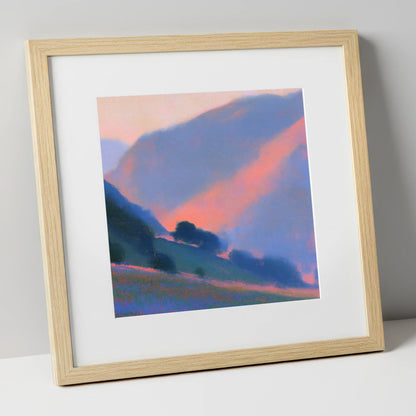 Rose Light Between the Fells lake district valley art print in natural frame