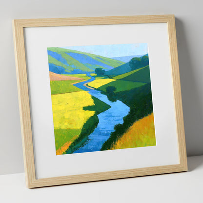 Winding Blue Beck through Vibrant Valley Meadows lake district waterfall art print in natural frame