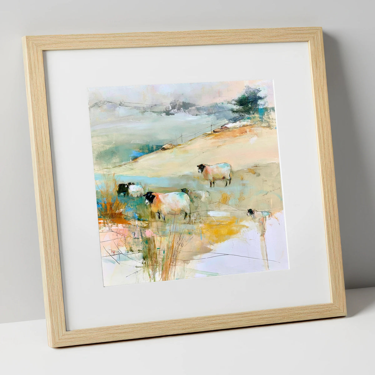 Contemporary Herdwick Sheep on Fellside lake district wildlife art print in natural frame
