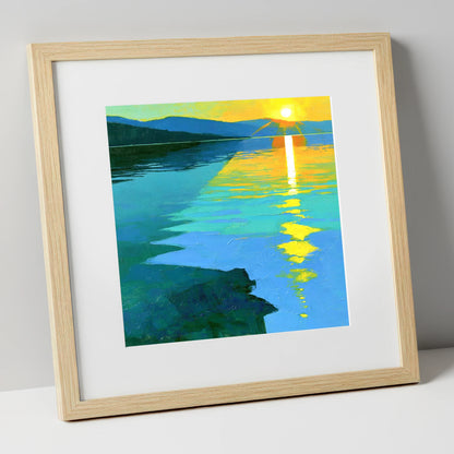 Ultramarine Sunset Over the Lake lake district lake art print in natural frame
