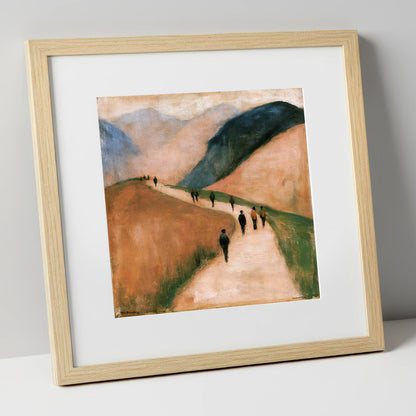 Walkers on an Earthy Mountain Path lake district walking art print in natural frame