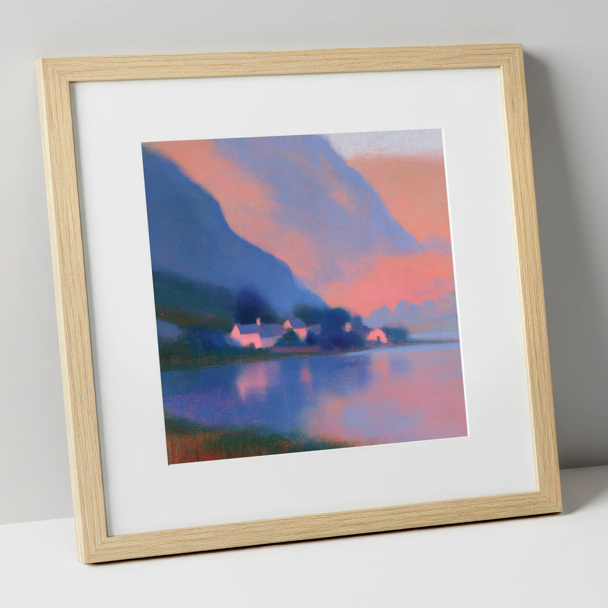 Lakeside Hamlet Beneath Indigo Fells lake district village art print in natural frame