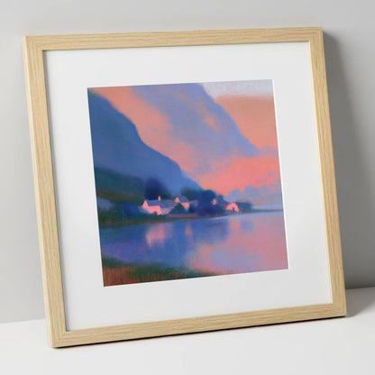 Lakeside Hamlet Beneath Indigo Fells lake district village art print in natural frame