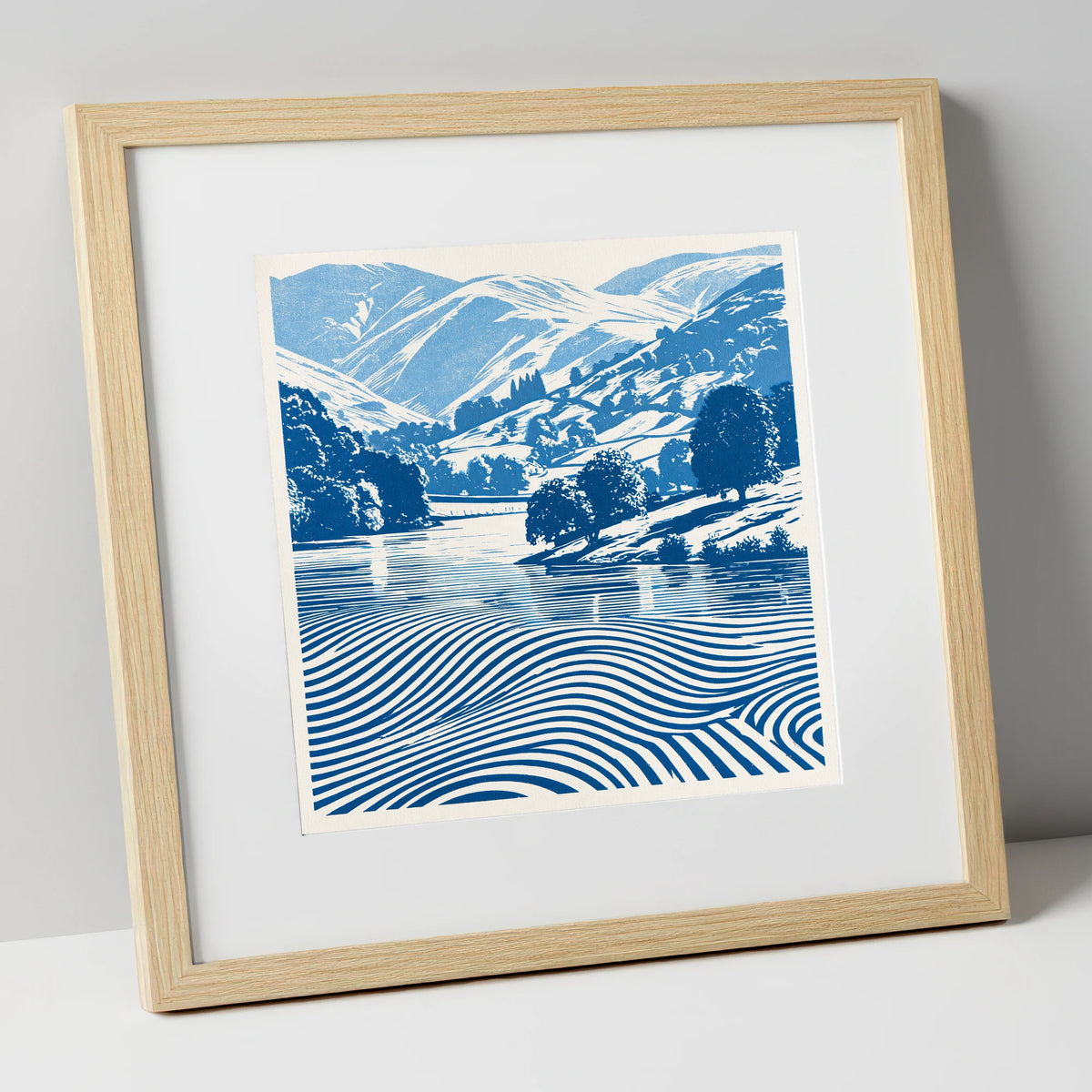 Grasmere in Cobalt Blue lake district lake art print in natural frame