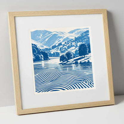 Grasmere in Cobalt Blue lake district lake art print in natural frame