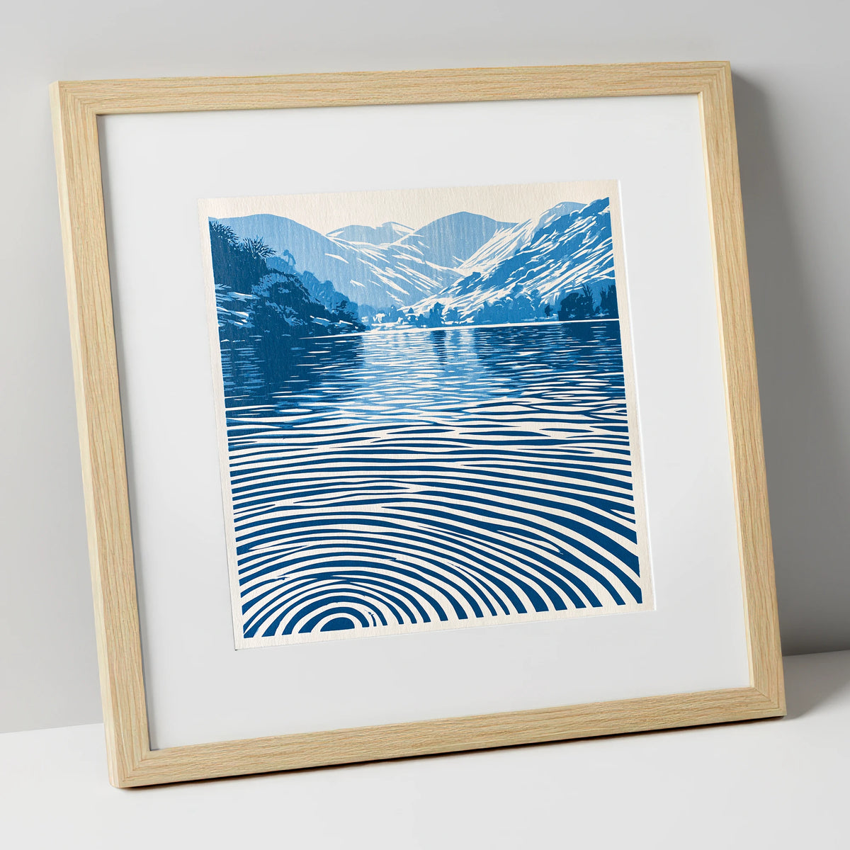 Cobalt Ripples on Dawn Lake lake district lake art print in natural frame