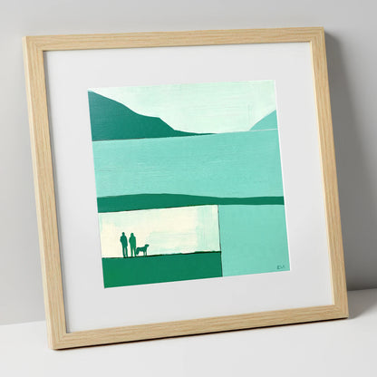 Glenridding Dog Walkers in Teal gifts for dog walkers art print in natural frame