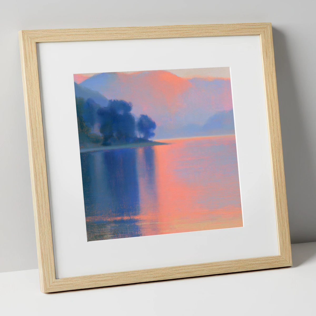 Pastel Sunset Over The Lake lake district lake art print in natural frame