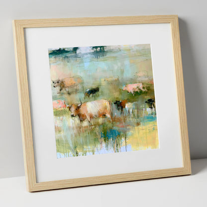 Highland Cattle in Pastel Washes lake district wildlife art print in natural frame