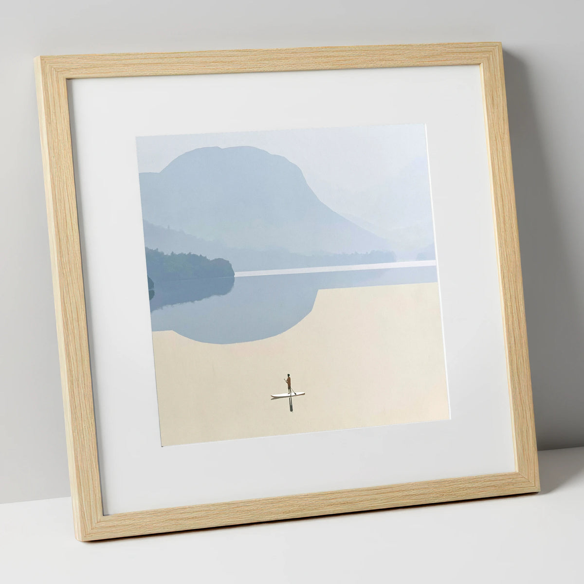 Paddleboarding Under Misty Blue Fells lake district walking art print in natural frame