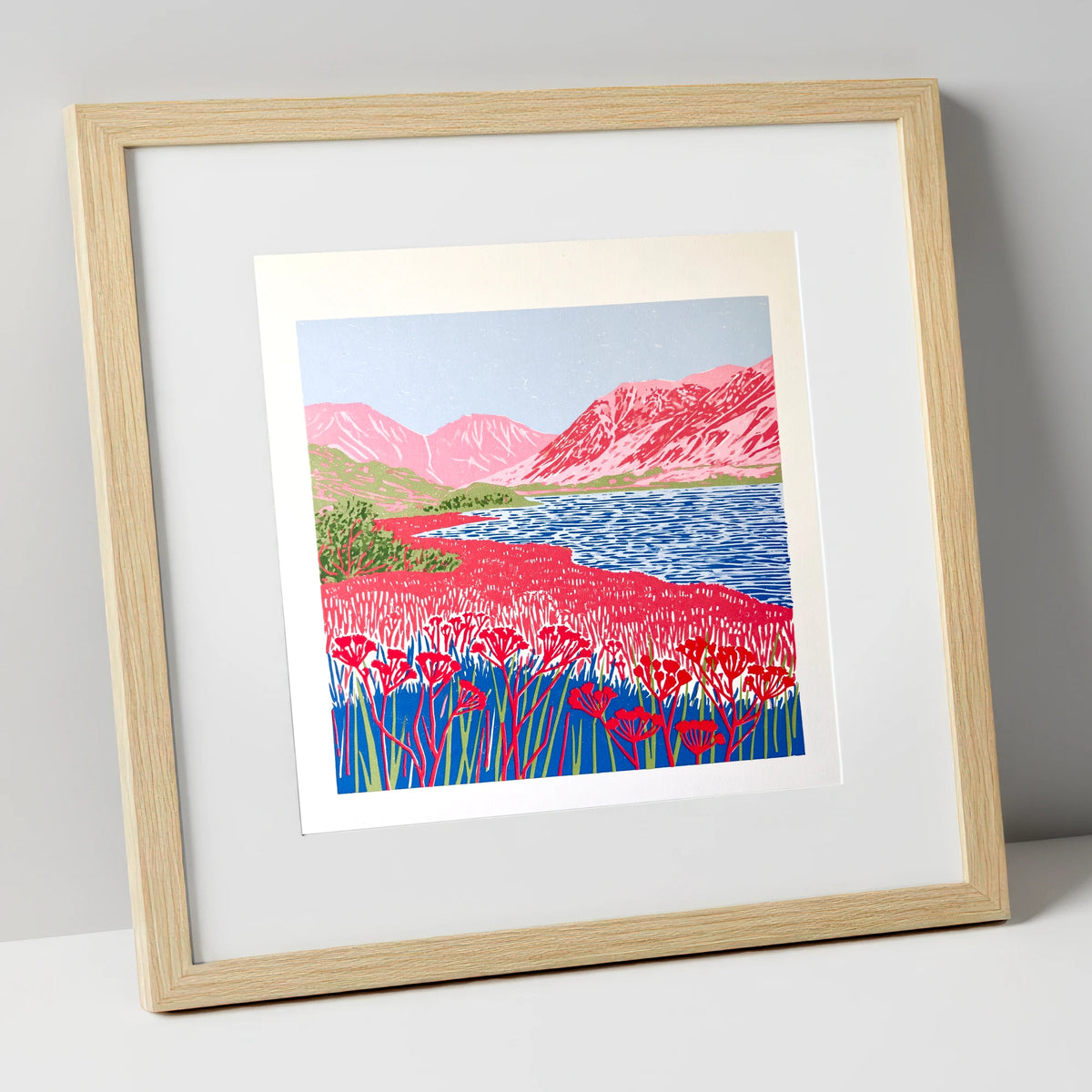 Vibrant Pink Fells at Ennerdale lake district valley art print in natural frame