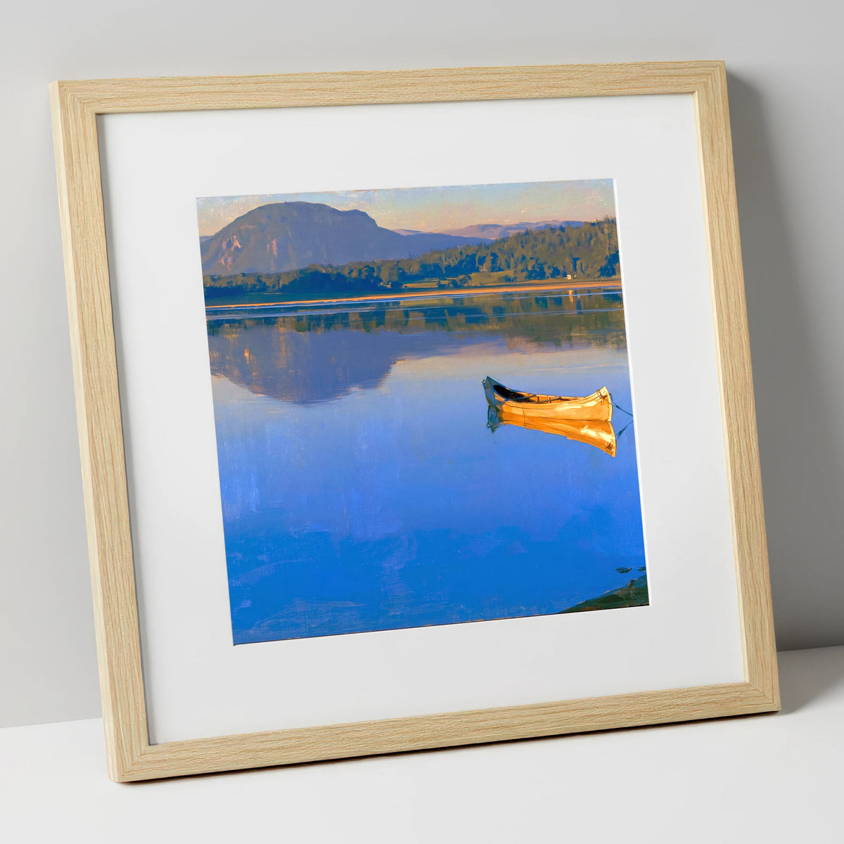 Sunlit Canoe on Lake Windermere lake district lake art print in natural frame