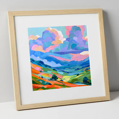 Colourful Fells Under Storm Clouds lake district sky art print in natural frame