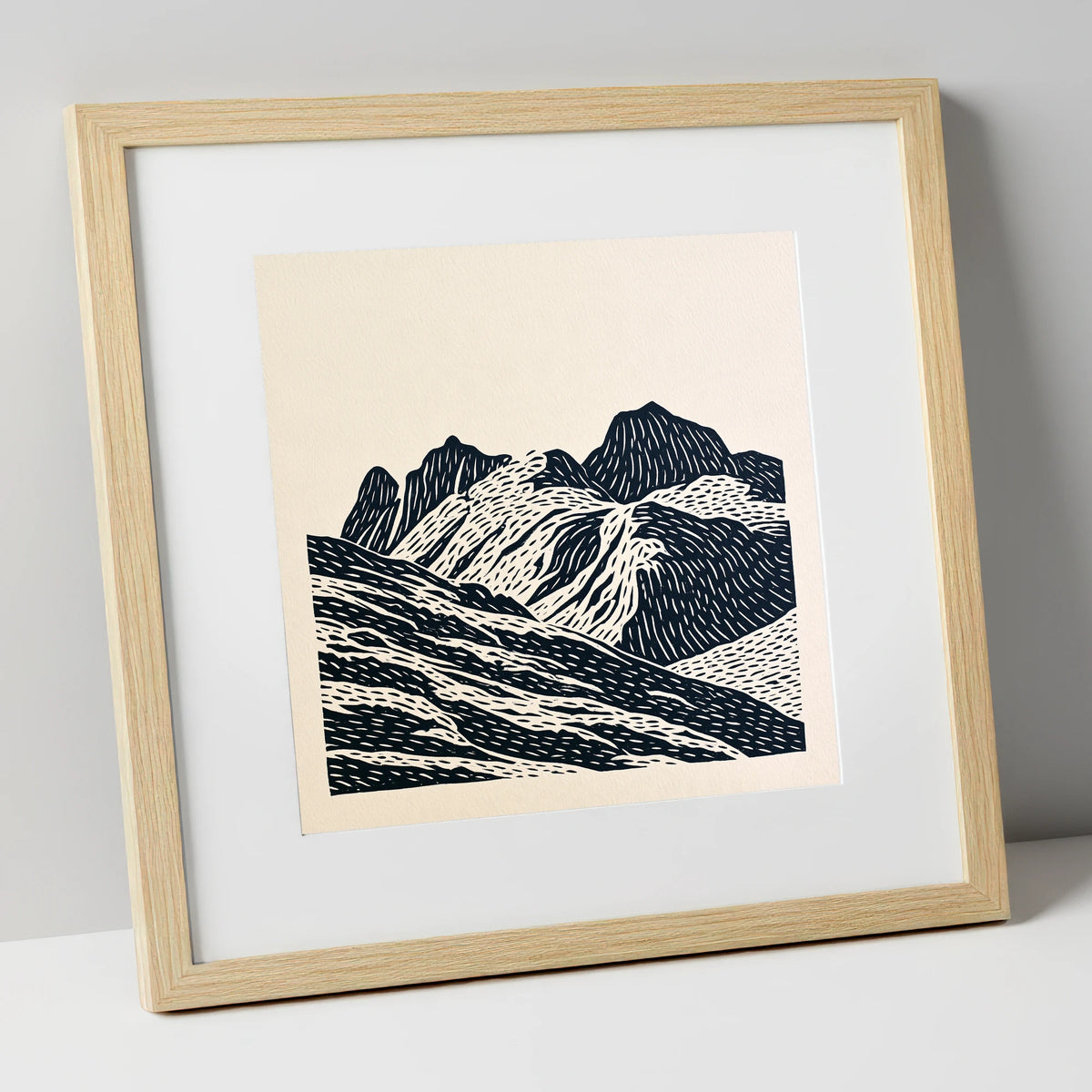 Bold Langdale Pikes Silhouette lake district fell art print in natural frame
