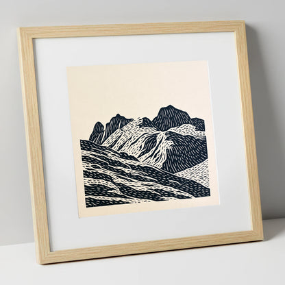 Bold Langdale Pikes Silhouette lake district fell art print in natural frame