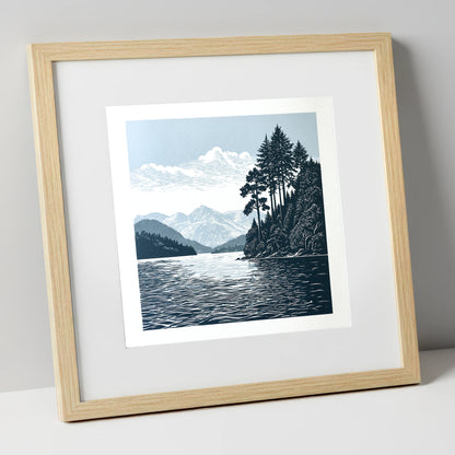 Windermere Shoreline in Deep Navy lake district lake art print in natural frame