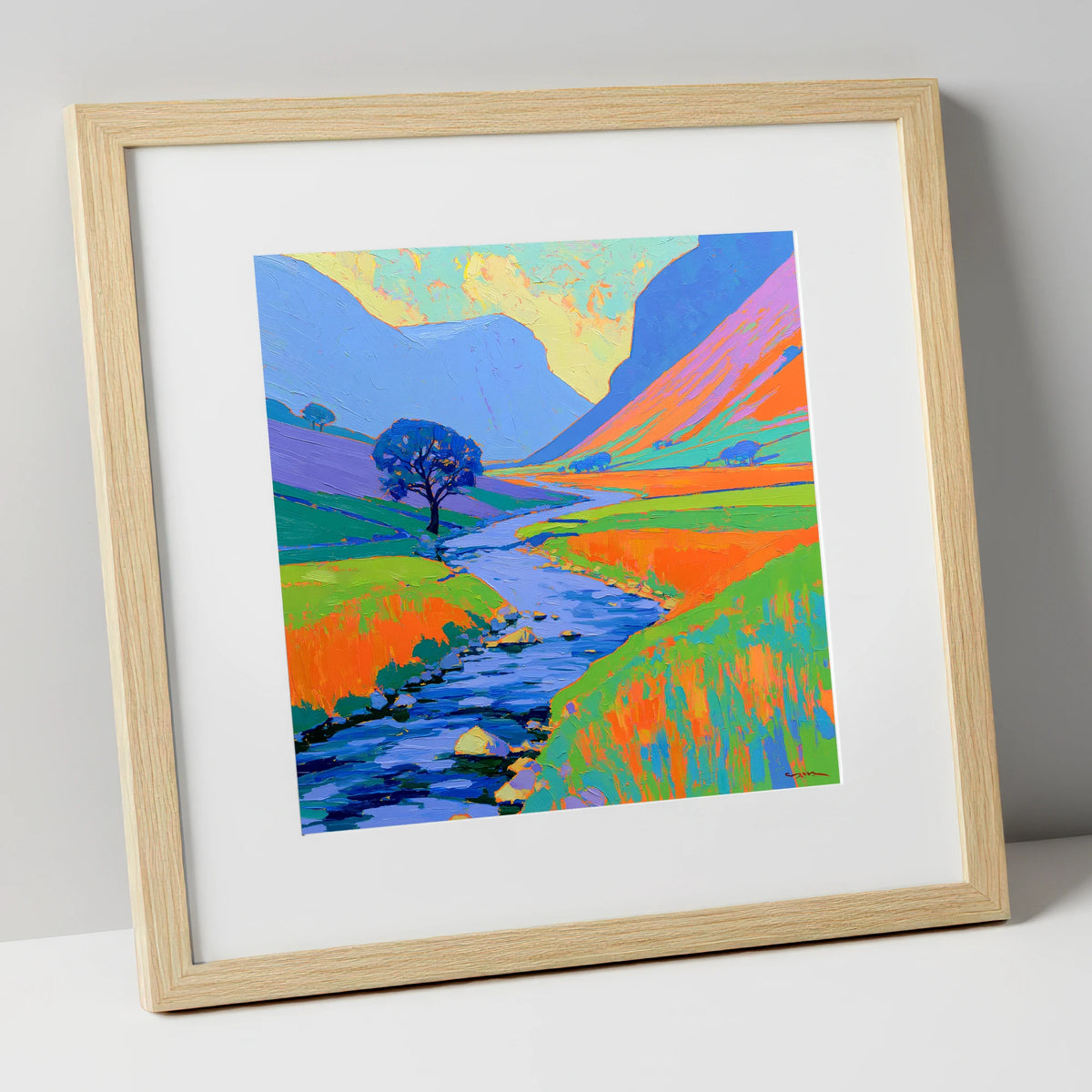 Vivid River In The Valley lake district waterfall art print in natural frame