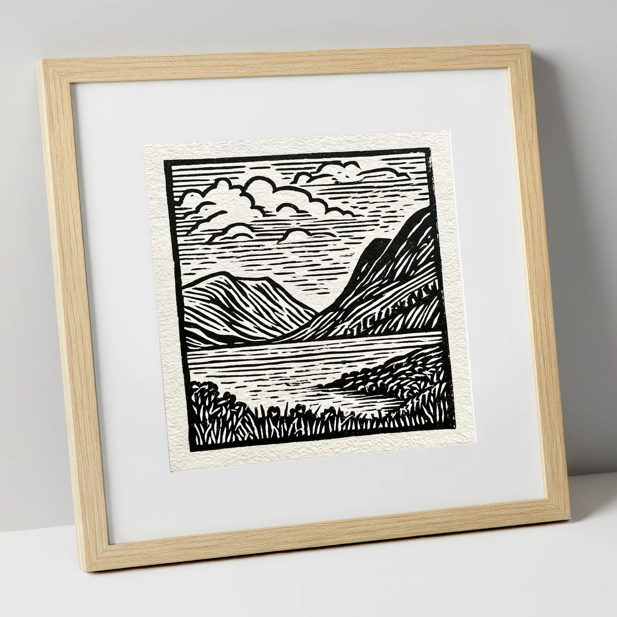 Graphic Fells of Crummock Water lake district lake art print in natural frame