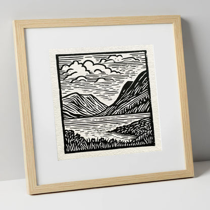 Graphic Fells of Crummock Water lake district lake art print in natural frame