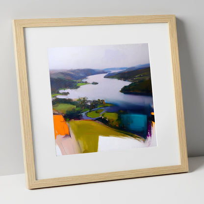 Contemporary Aerial View of Ambleside lake district village art print in natural frame