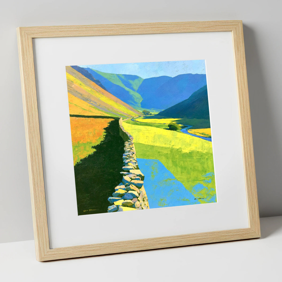 Drystone Wall Through Vibrant Valley lake district valley art print in natural frame