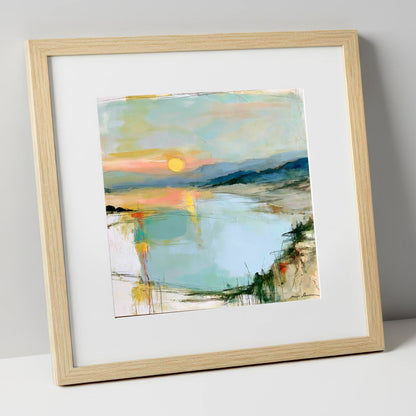 Lake Sunset in Peach and Mint lake district lake art print in natural frame