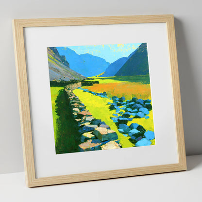 Sunlit Stone Wall and Blue Fells lake district valley art print in natural frame