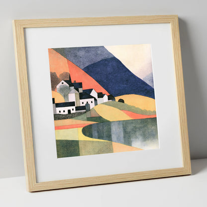 Lakeside Village and Indigo Fells lake district village art print in natural frame