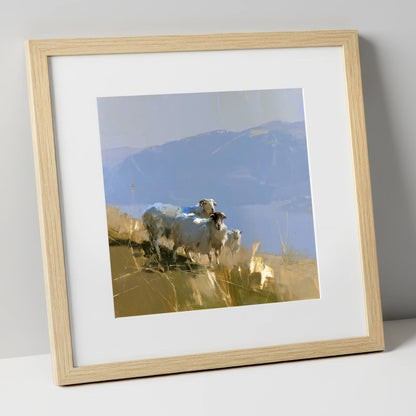 Herdwick Sheep on Golden Fells lake district wildlife art print in natural frame
