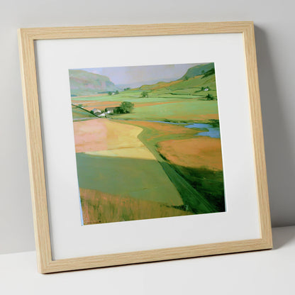 Green Valley Beneath The Fells lake district valley art print in natural frame