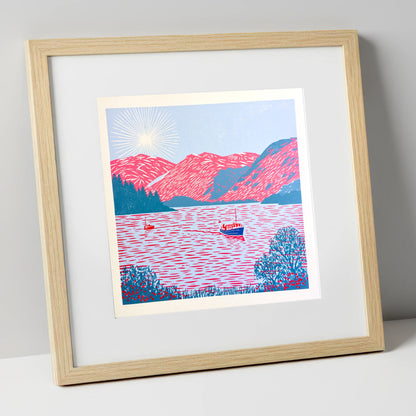 Ullswater Beneath Vibrant Pink Fells lake district lake art print in natural frame