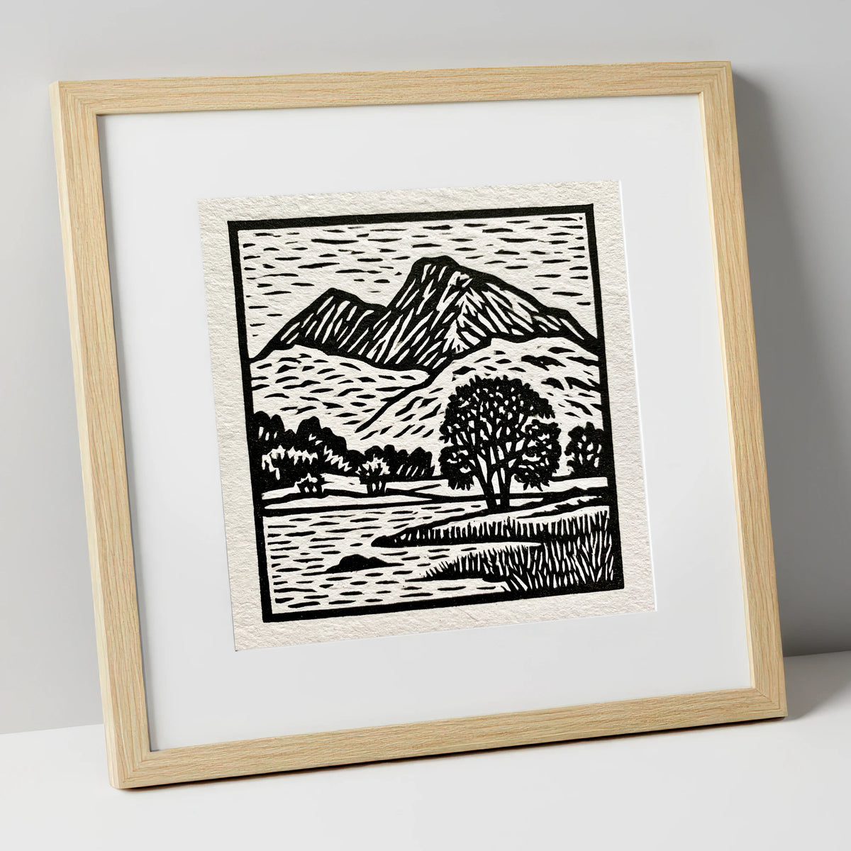 Monochrome Fells Over Grasmere lake district lake art print in natural frame