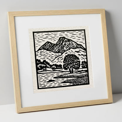 Monochrome Fells Over Grasmere lake district lake art print in natural frame