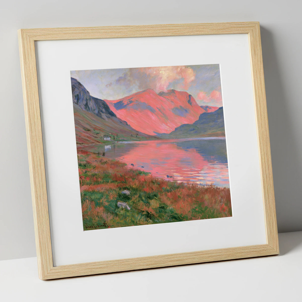 Mountain Lake with Pink Sunset lake district lake art print in natural frame