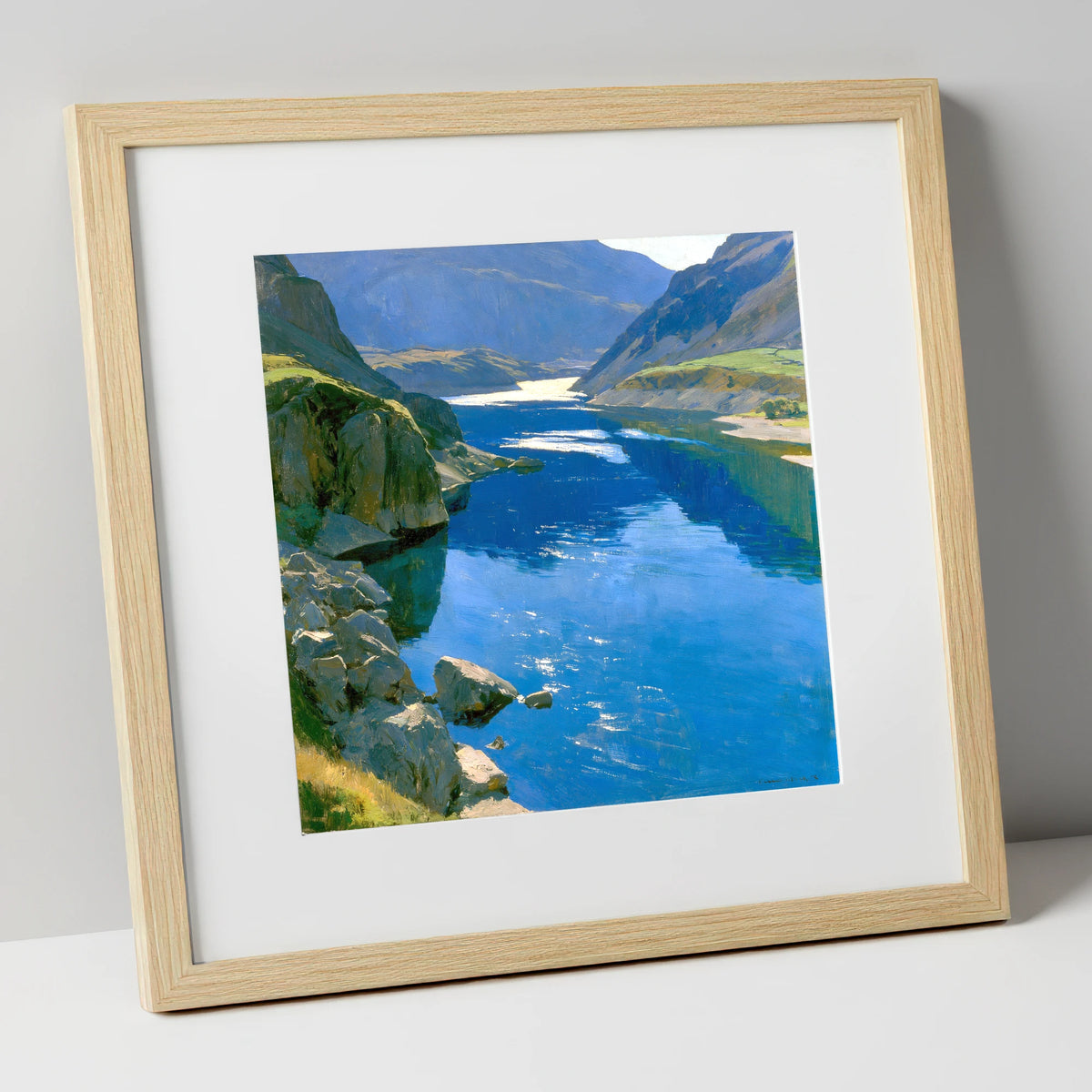 Brilliant Blue Lake and Fells lake district lake art print in natural frame