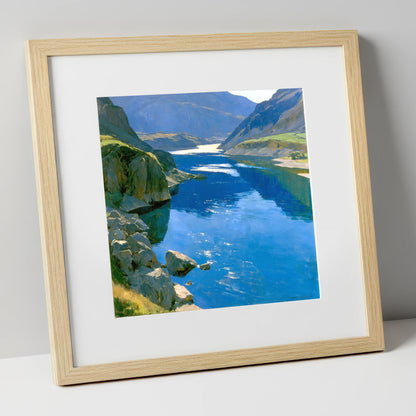 Brilliant Blue Lake and Fells lake district lake art print in natural frame