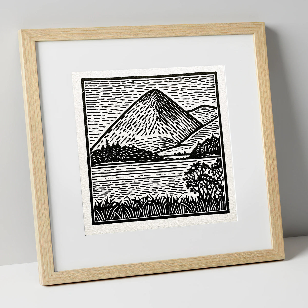 Bold Monochrome Catbells Peak lake district fell art print in natural frame